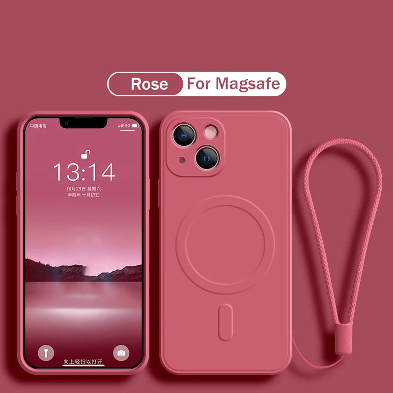 For Magsafe Magnetic Wireless Charge Case for Iphone 16 17 15 14 13 12 11 Pro Max plus Mini 16E Soft Liquid Silicone Strap Cover