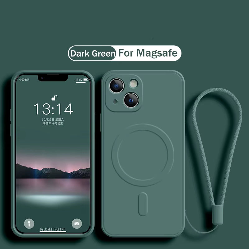 For Magsafe Magnetic Wireless Charge Case for Iphone 16 17 15 14 13 12 11 Pro Max plus Mini 16E Soft Liquid Silicone Strap Cover