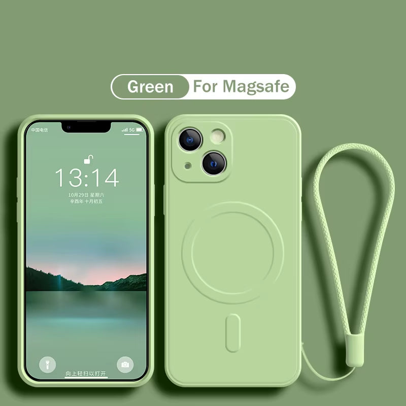 For Magsafe Magnetic Wireless Charge Case for Iphone 16 17 15 14 13 12 11 Pro Max plus Mini 16E Soft Liquid Silicone Strap Cover
