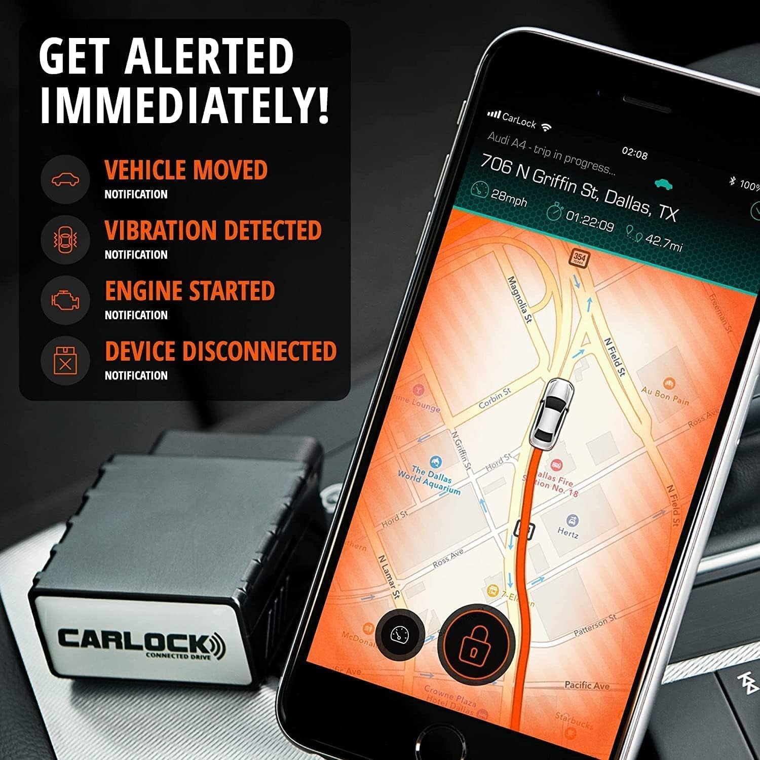 anti Theft Car Device - Real Time UK 4G LTE Car GPS Tracker & Car Alarm System Security - OBD & Phone App - Auto Van Vehicles Tracking & Instant Alert of Suspicious Behavior